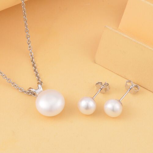 2er Set - Weiße Süßwasser Perle Ohrringe und Anhänger mit Kette, 925 Silber rhodiniert und Edelstahl image number 1