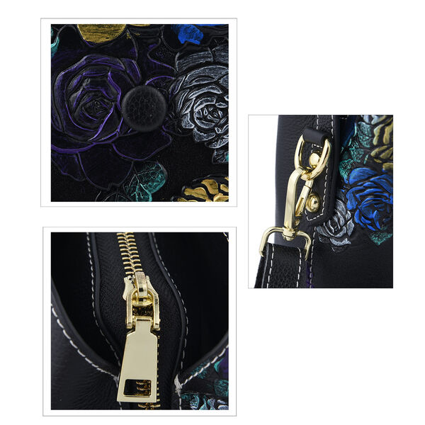 Crossbody Tasche aus 100% echtem Leder, Rosen Blumenmuster, Gr&ouml;&szlig;e 22x11x18 cm, Schwarz image number 5