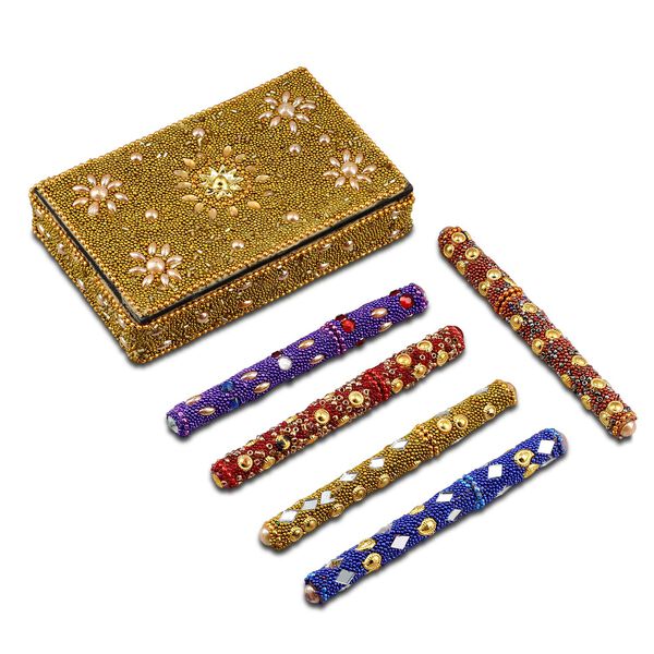 Perlen-Box mit 5 Kugelschreibern (12cm) Geschenkset, 8,5x13,5x3 cm, Golden image number 0