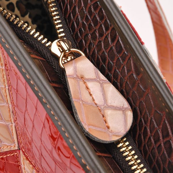 "Chaos by Elsie Genuine Leather Tote bag with RFID Color:red with grey  Embossed crocdile shining rhomboid pattern Size:30*14*27cm           Wall: Genuine Leather Lining: Polyester                Exterior:zipped-2, Interior:zipped-2 , slip-2 image number 7