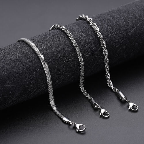 3er-Set Kordel, Franko und Panzer Stil Armbänder, ca. 19 cm, Edelstahl image number 1