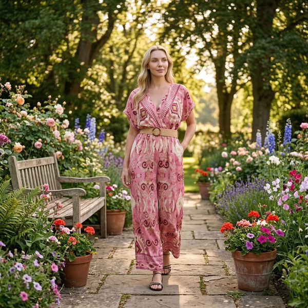 LA MAREY Jumpsuit mit G&uuml;rtel, 136cm L&auml;nge, 65cm Brust, 32cm Taille, Pink Rot mit Print image number 2
