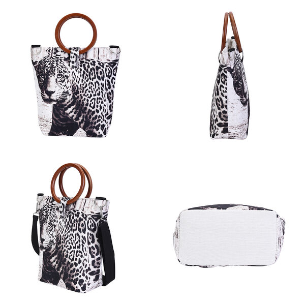 Handtasche mit Holzgriffen und Leopardenmuster, Schwarz und wei&szlig; image number 1