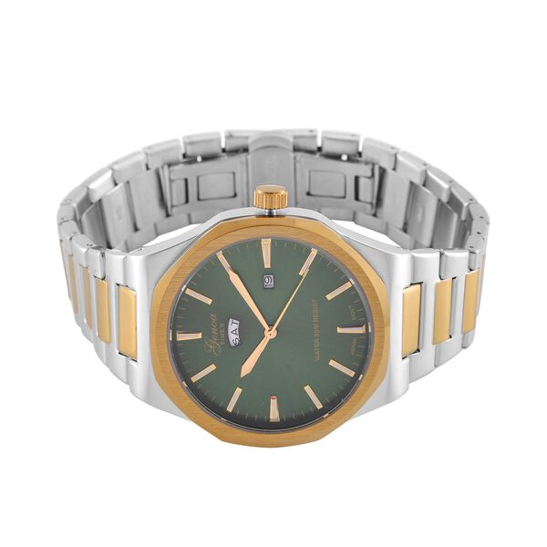 GENOA - Japanisches Uhrwerk, Grünes Sonnenschliff-Zifferblatt mit Balkenindexen, Edelstahl mit Faltschließe, Reiner Edelstahl, Bicolor, 20 cm image number 5