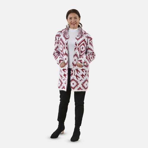 TAMSY - Kuschelweicher, langer Cardigan mit Kapuze und Taschen, 110x82cm, rot weiß image number 0