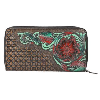 Gepr&auml;gte Lederb&ouml;rse mit RFID Schutz, florales Muster, 20x3x11cm, Goldschwarz