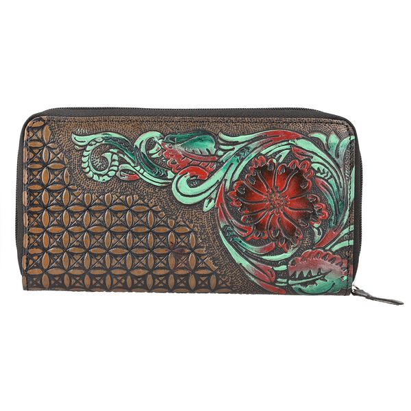 Gepr&auml;gte Lederb&ouml;rse mit RFID Schutz, florales Muster, 20x3x11cm, Goldschwarz