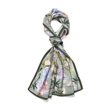 LA MAREY: Premium Selection - 100% Maulbeerenseiden-Halstuch mit P&auml;onien Druck, 35 x 150 cm, P&auml;onien