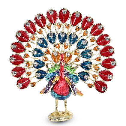 Schmuckschatulle Pfau aus Metall mit Kristallen, Rot