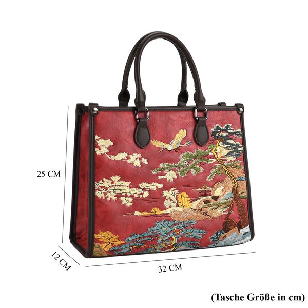 Bestickte Crossbody Tasche, Kunstleder, Blumen Design, 32 x 12 x 25 cm, Rot image number 8