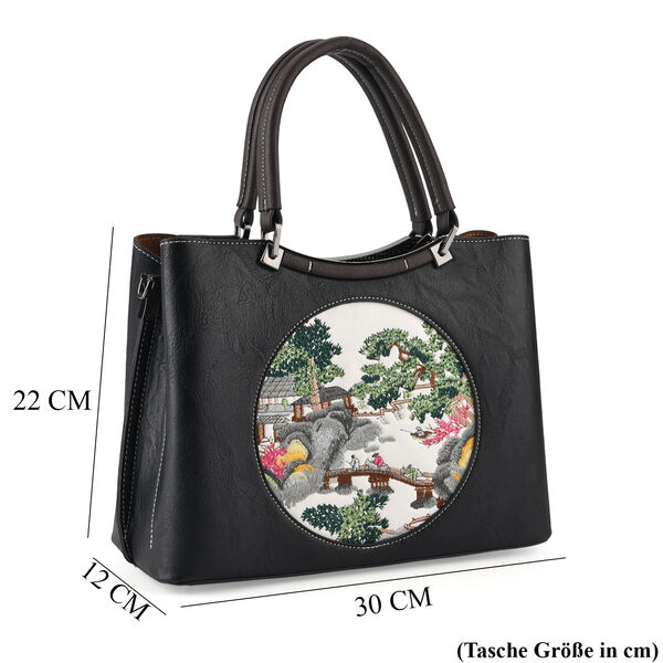 Florale Kunstprint Crossbody Tasche mit gemustertem Schulterriemen, 30x12x22cm, Schwarz image number 7