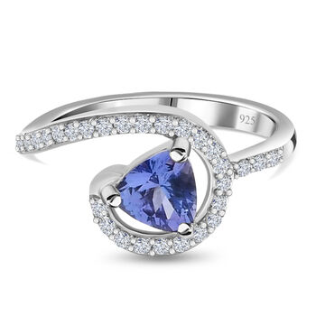 Tansanit und Zirkon Halo Ring 925 Silber platiniert (Gr&ouml;&szlig;e 18.00) ca. 1,07 ct