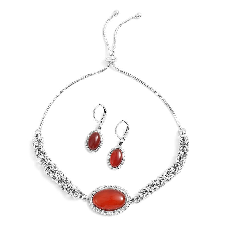 2er - Set gefärbte rote Achat-Ohrringe und Armband, 12 cm, Edelstahl ca. 13,00 ct image number 0