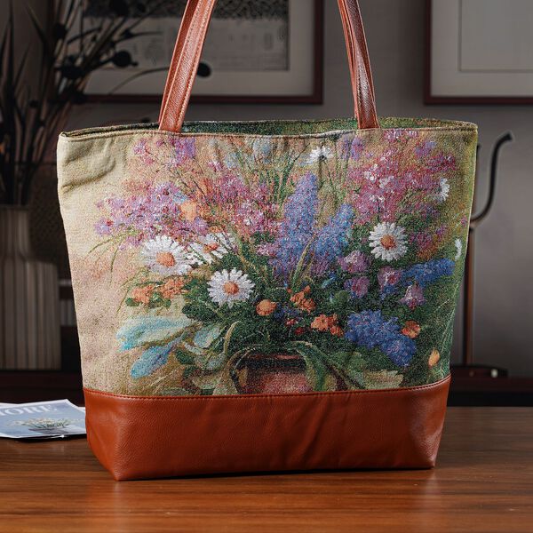 Schultertasche mit Blumenmuster, 42x34x12cm, Beige image number 1