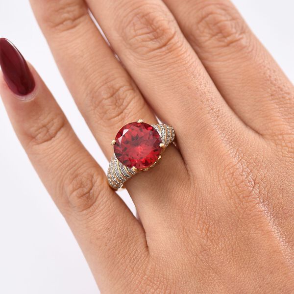 Djoy Lab Created Padparadscha-Saphir, Weißer Zirkon Ring 925 Silber 750 Gelbgold Vermeil (Größe 17.00) ca. 9,31 ct image number 3
