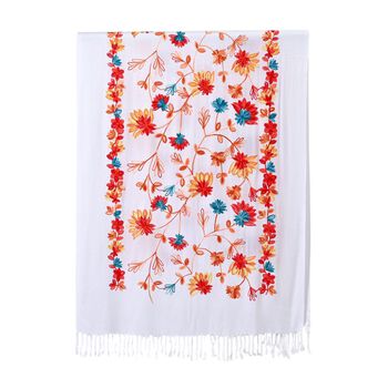 Bestickter Schal mit Fransen, Wei&szlig;