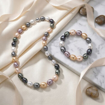 Mehrfarbige Oval Muschelkernperle 50cm Halskette und flexibles Armband