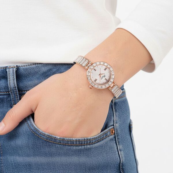 GENOA Time V2, Wei&szlig; diamantfarbene Zirkonia, Kristalluhr, japanisches Uhrwerk, 316L Edelstahl, Rosa image number 3