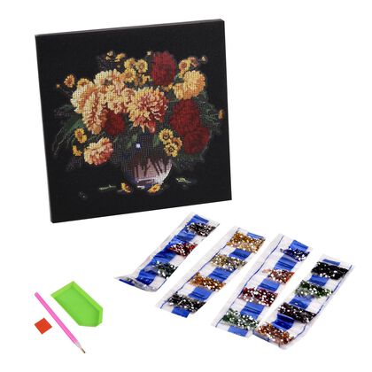 DIY Diamond Painting Leinwand Katze, mehrfarbiges Motiv mit Glitzerakzenten, inkl. MDF-Rahmen, Klebemotiv, Diamanten, Stift, Wachs, Aufbewahrungsbox, 29x29?cm, Blumen