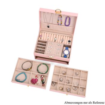 3-lagige Schmuckbox aus PU mit Diamantmuster und 5 Silberputzt&uuml;chern, Rosa