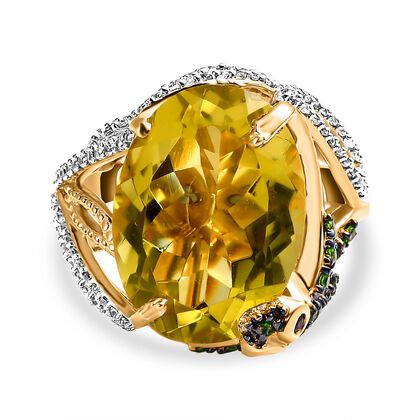 GP Italienische Garten Kollektion - Ouro Verde-Quarz, Nat&uuml;rlicher Rhodolith Granat und nat&uuml;rlicher Diopsid-Ring, 925 Silber Gelbgold Vermeil (Gr&ouml;&szlig;e 20.00) ca. 12.32 ct