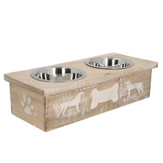 NAKKASHI - Handgeschnitzter Mangoholz Fressnapf mit Edelstahlschalen, 48x20x12,5 cm, Hunde