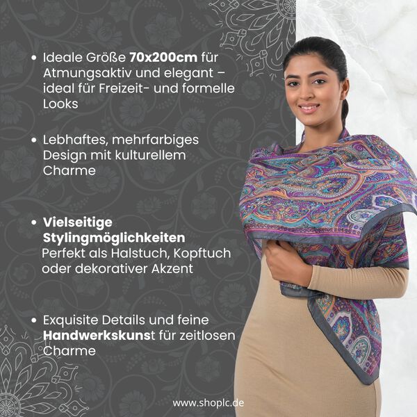Bedruckter Schal aus 100% Seide, Mehrfarbiges Muster und graue Bordüre, 70x200 cm image number 2
