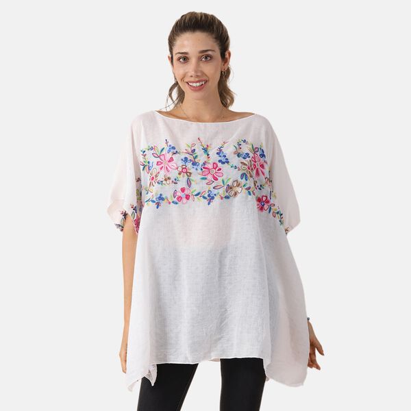 T-Shirt mit Blumen-Stickerei, Wei&szlig;, Einheitsgr&ouml;&szlig;e
