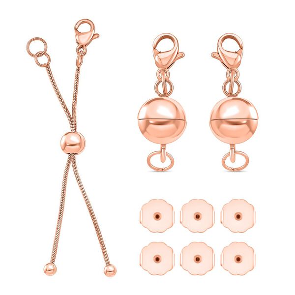 9 teiliges 316L Edelstahl Schmuckset, 1 Bolo Schieber, 2 Magnetverschluss Kugeln, 6 Ohrstopper, Ros&eacute;farben
