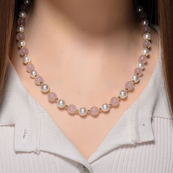 Rosenquarz, Wei&szlig;e Muschelkernperle (7-9 mm) Halskette ca. 45 cm+ 5 cm Extender gelb vergoldet