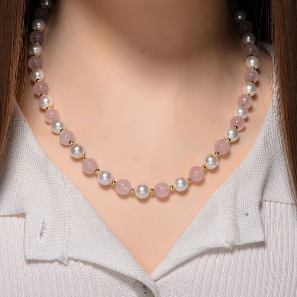 Rosenquarz, Wei&szlig;e Muschelkernperle (7-9 mm) Halskette ca. 45 cm+ 5 cm Extender gelb vergoldet image number 1