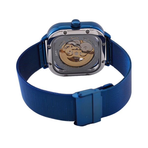 GENOA TIME V2 42mm Automatische Mechanikuhr - Schwarzes hohles Zifferblatt, Geh&auml;use aus Legierung mit IPS-Beschichtung, Edelstahl-Mesh-Armband, 3 ATM wasserdicht, Reiner Edelstahl, 8.5 cm, blau image number 7