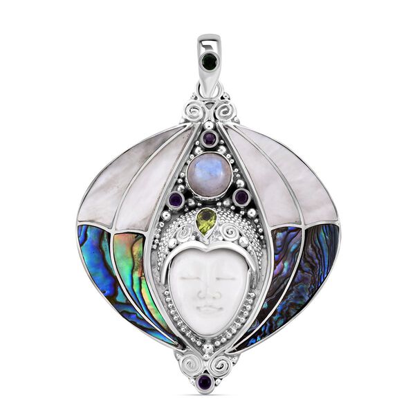 Sajen Silver- Ochse Knochen, Regenbogen Mondstein und Multi Edelstein Anhänger - 12,88 ct. image number 0