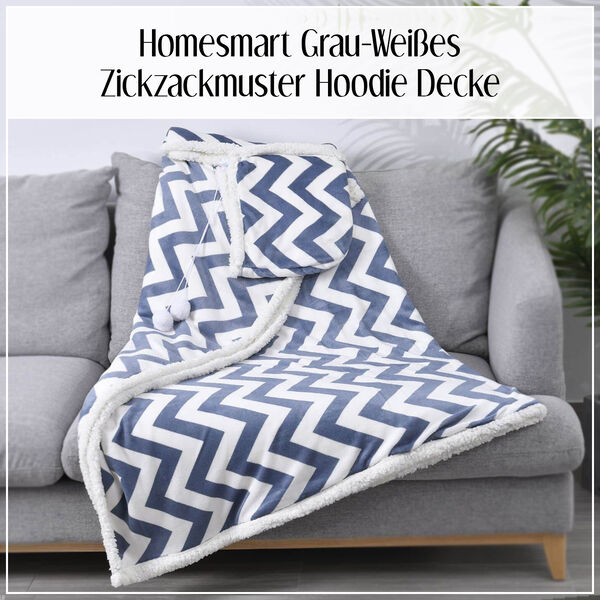 HOMESMART Zig-Zag Print Hoodie-Sherpa-Decke mit Pom Pom, Blau und wei&szlig; image number 7