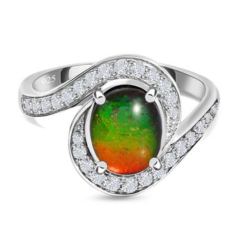 Kanadischer Ammolit, wei&szlig;er Zirkon Ring, 925 Silber platiniert (Gr&ouml;&szlig;e 20.00) ca. 2.19 ct