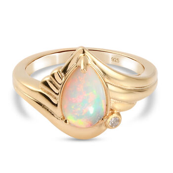 Nat&uuml;rlicher &Auml;thiopischer Opal und Diamant Ring 925 Silber vergoldet (Gr&ouml;&szlig;e 16.00) ca. 0,90 ct