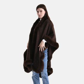 LA MAREY - Poncho mit Kunstfellbesatz und Kristall-Detail, Blau, Einheitsgröße