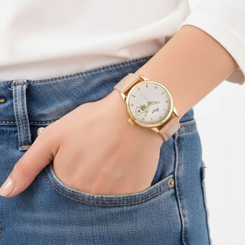 GENOA - Automatik-Armbanduhr mit Herz-Design und Datumsanzeige, Dandong-Uhrwerk, Wei&szlig;es Zifferblatt, Goldfarben, Helltaupes Lederarmband, 36 mm