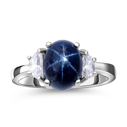 Blauer Stern Saphir und weißer Zirkon-Ring, 925 Silber platiniert (Größe 16.00) ca. 3,46 ct