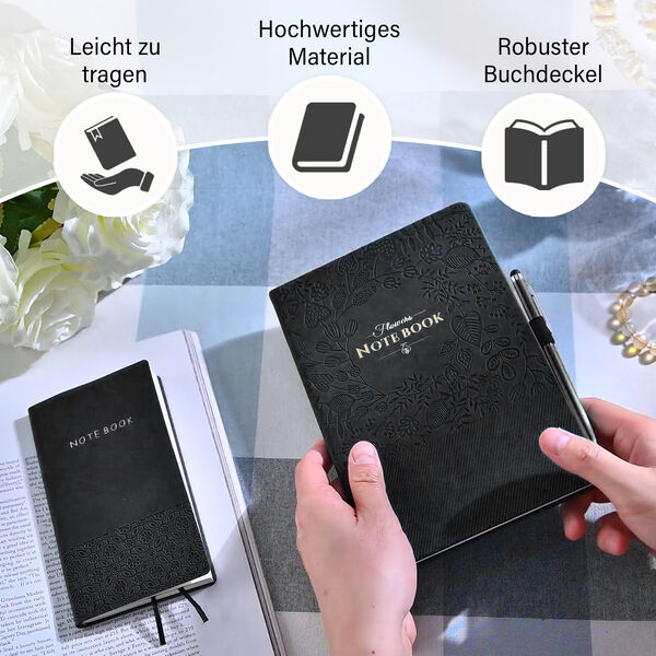 Premium Set; Notizbuch und Taschentagebuch mit geschnitztem, samtigem Hardcover und Kugelschreiber, Schwarz image number 4
