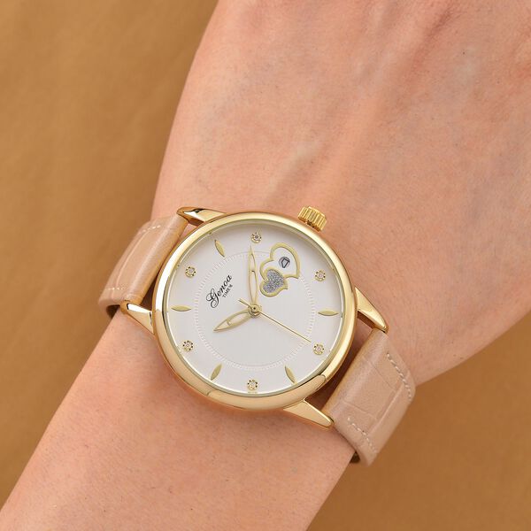 GENOA - Automatik-Armbanduhr mit Herz-Design und Datumsanzeige, Dandong-Uhrwerk, Weißes Zifferblatt, Goldfarben, Helltaupes Lederarmband, 36 mm image number 2