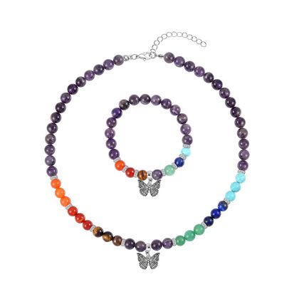 2er Set - Schmetterling Anh&auml;nger mit Mehrfarbigen und Amethyst Edelsteinperlen Chakra Halskette und Armband