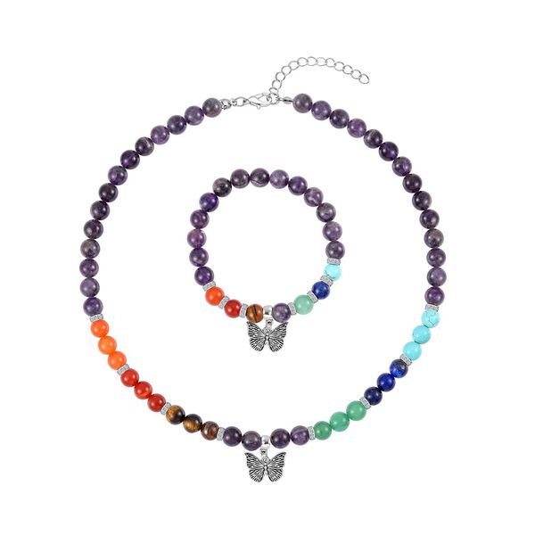 2er Set - Schmetterling Anh&auml;nger mit Mehrfarbigen und Amethyst Edelsteinperlen Chakra Halskette und Armband