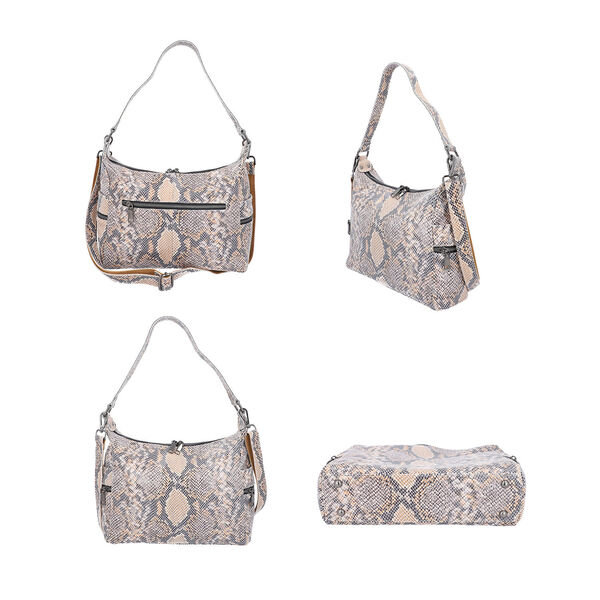 Hobo-Tasche aus 100% echtem Leder, Schlangenhautmuster, Beige image number 4
