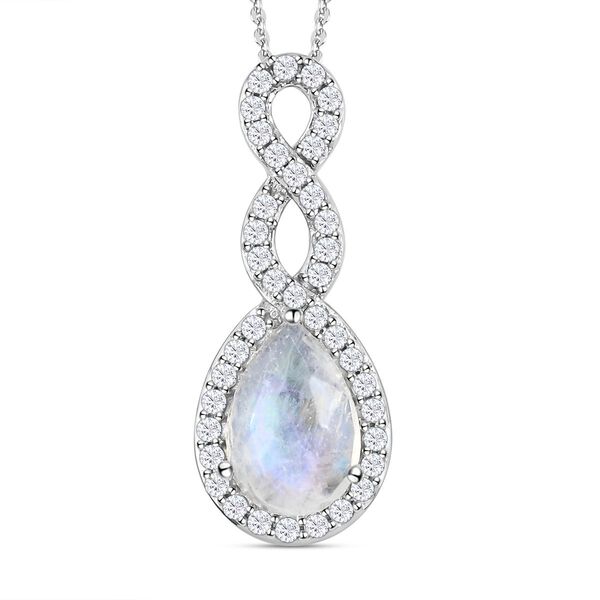 Premium Regenbogen Mondstein und wei&szlig;er Zirkon-Anh&auml;nger mit Kette, 925 Silber platiniert ca. 4.36 ct