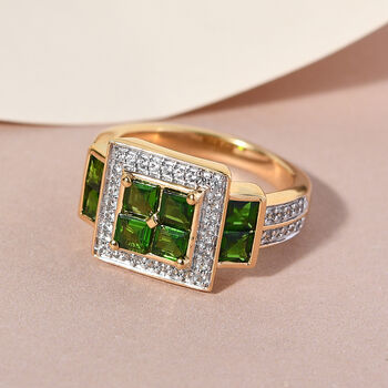 Nat&uuml;rlicher Chromdiopsid und Zirkon-Ring, 925 Silber Gelbgold Vermeil  ca. 1,74 ct