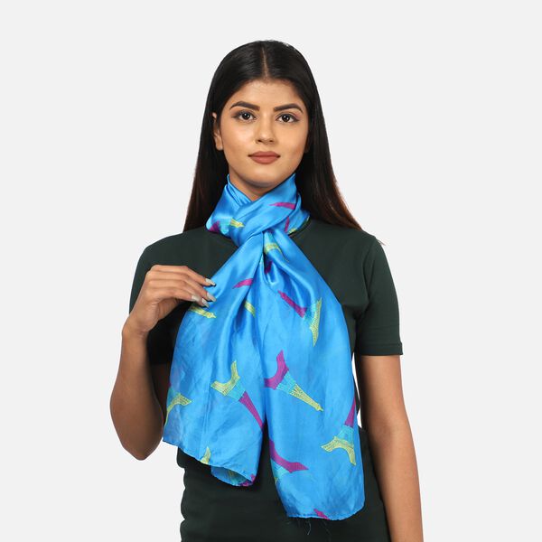 100 % natürlicher Satin Seiden Schal, 165x50 cm, Eiffelturm Muster, Blau image number 3