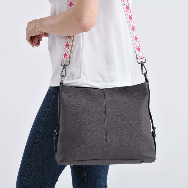 Echtleder-Crossbody-Tasche aus gepr&auml;gtem Leder, verstellbarer Schulterriemen (ca. 120 cm), 32x12x25 cm, Grau image number 2