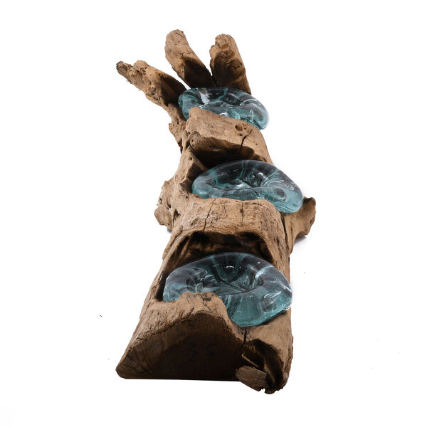 Jardin de Bali: mundgeblasener Glas-Kerzenhalter f&uuml;r 3 Kerzen auf Naturholz image number 3