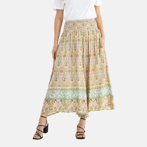 Gesmokte Taillen-Culottes mit Damastmuster, Einheitsgröße, Grün-Rot image number 0